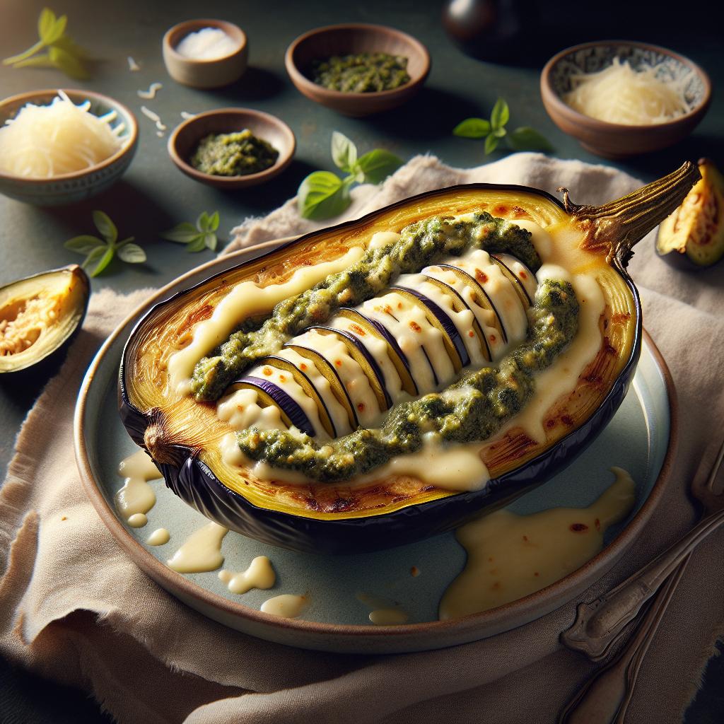 Cheesy Pesto Stuffed Aubergine